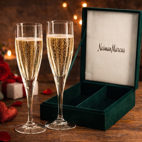 Neiman Marcus Crystal Champagne Flutes with Green velvet Box